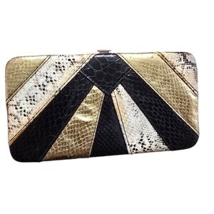 Gold Black White Patterned Leather Clutch